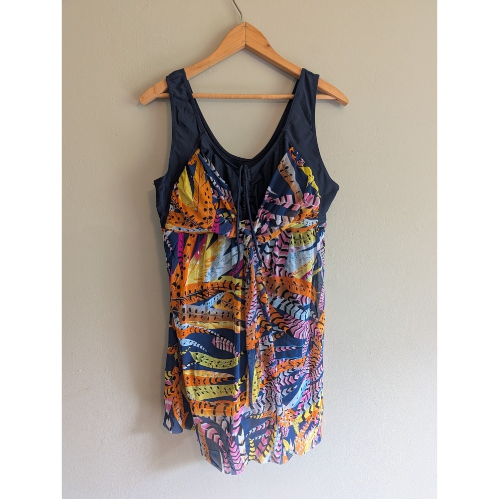 Wantdo Swimsuit One Piece 3XL Navy Colorful Feathers Swim Dress Flowy Bright Fun